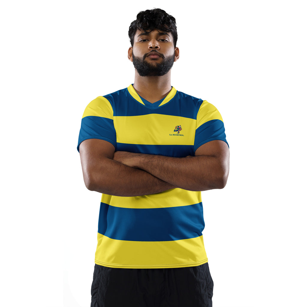 Maillot rugby porté n°22 PRC PLAISIR moulant shirt bleu jaune Maillot rugby porté n°22 PRC PLAISIR moulant shirt bleu jaune