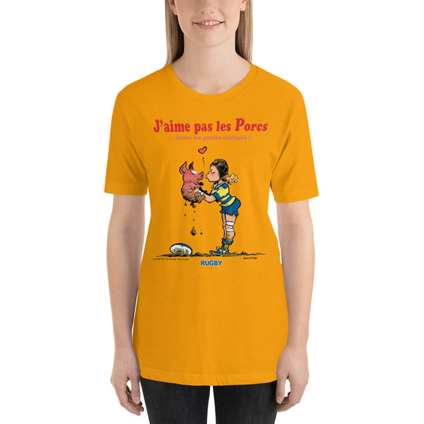 T-shirt FEMME - J'aime pas les PORCS - Jaune/Bleu