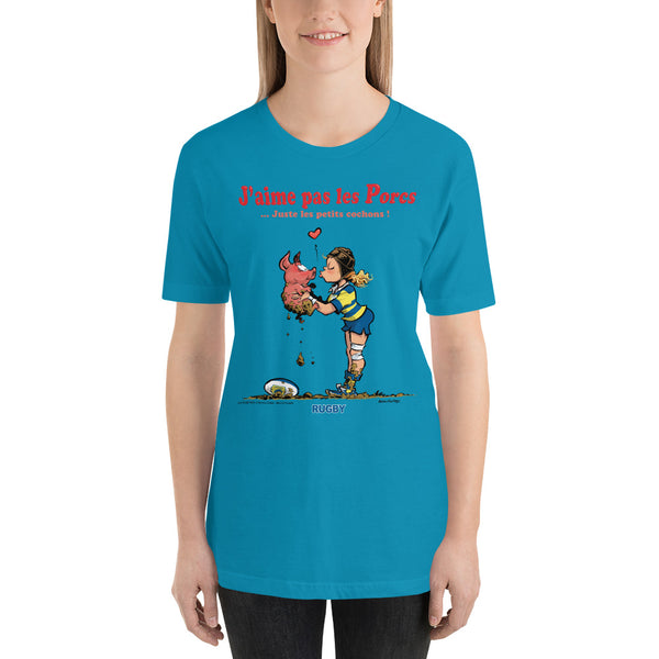 T-shirt FEMME - J'aime pas les PORCS - Jaune/Bleu