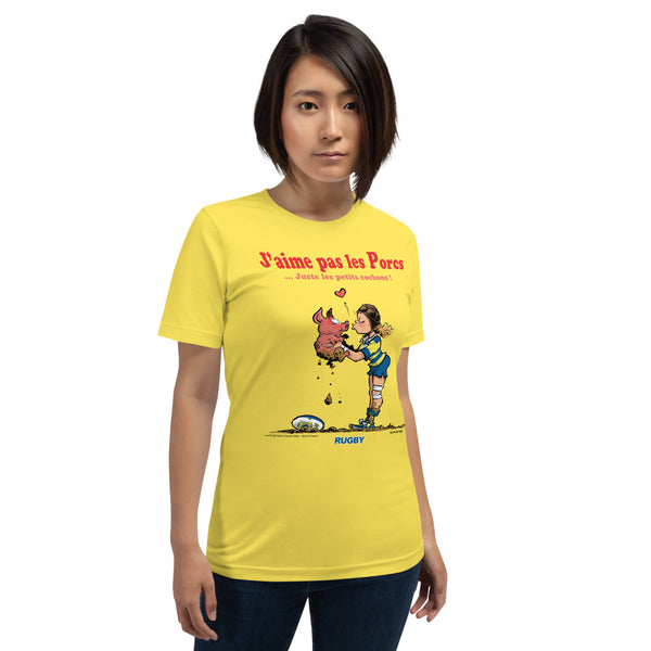 T-shirt FEMME - J'aime pas les PORCS - Jaune/Bleu