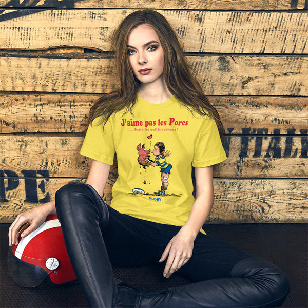 T-shirt FEMME - J'aime pas les PORCS - Jaune/Bleu