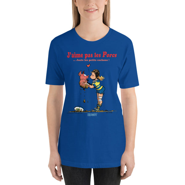 T-shirt FEMME - J'aime pas les PORCS - Jaune/Bleu