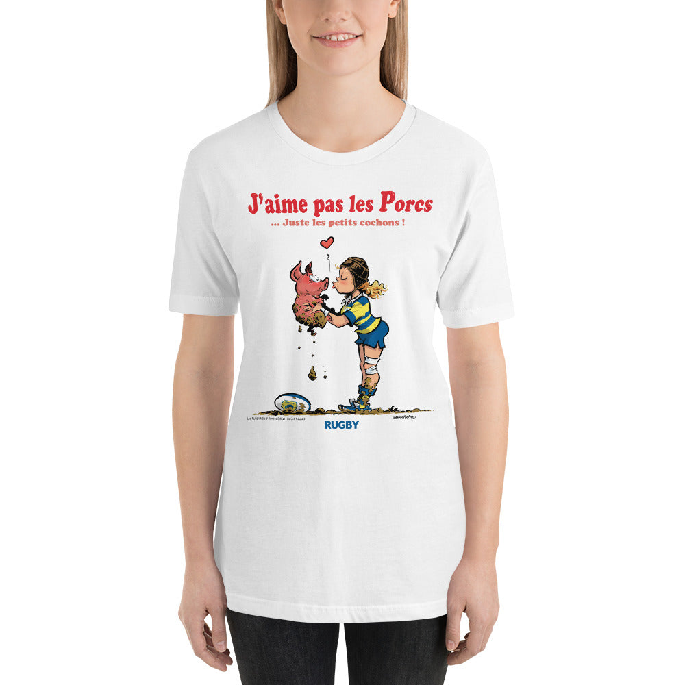 T-shirt FEMME - J'aime pas les PORCS - Jaune/Bleu
