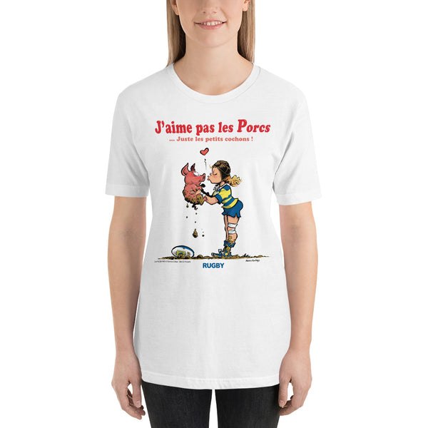 T-shirt FEMME - J'aime pas les PORCS - Jaune/Bleu