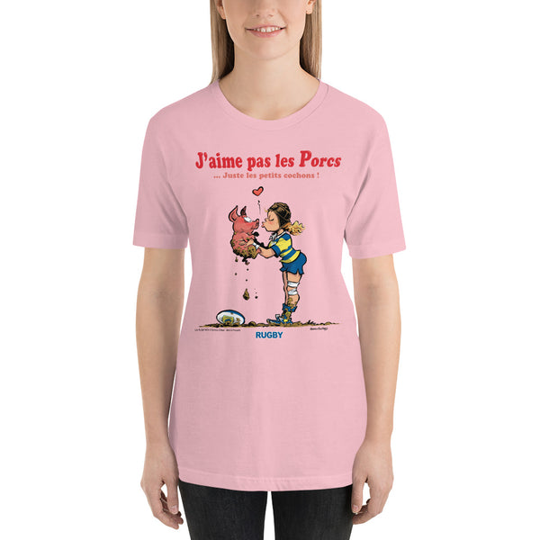 T-shirt FEMME - J'aime pas les PORCS - Jaune/Bleu