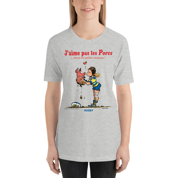 T-shirt FEMME - J'aime pas les PORCS - Jaune/Bleu