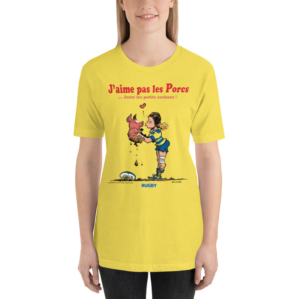 T-shirt FEMME - J'aime pas les PORCS - Jaune/Bleu